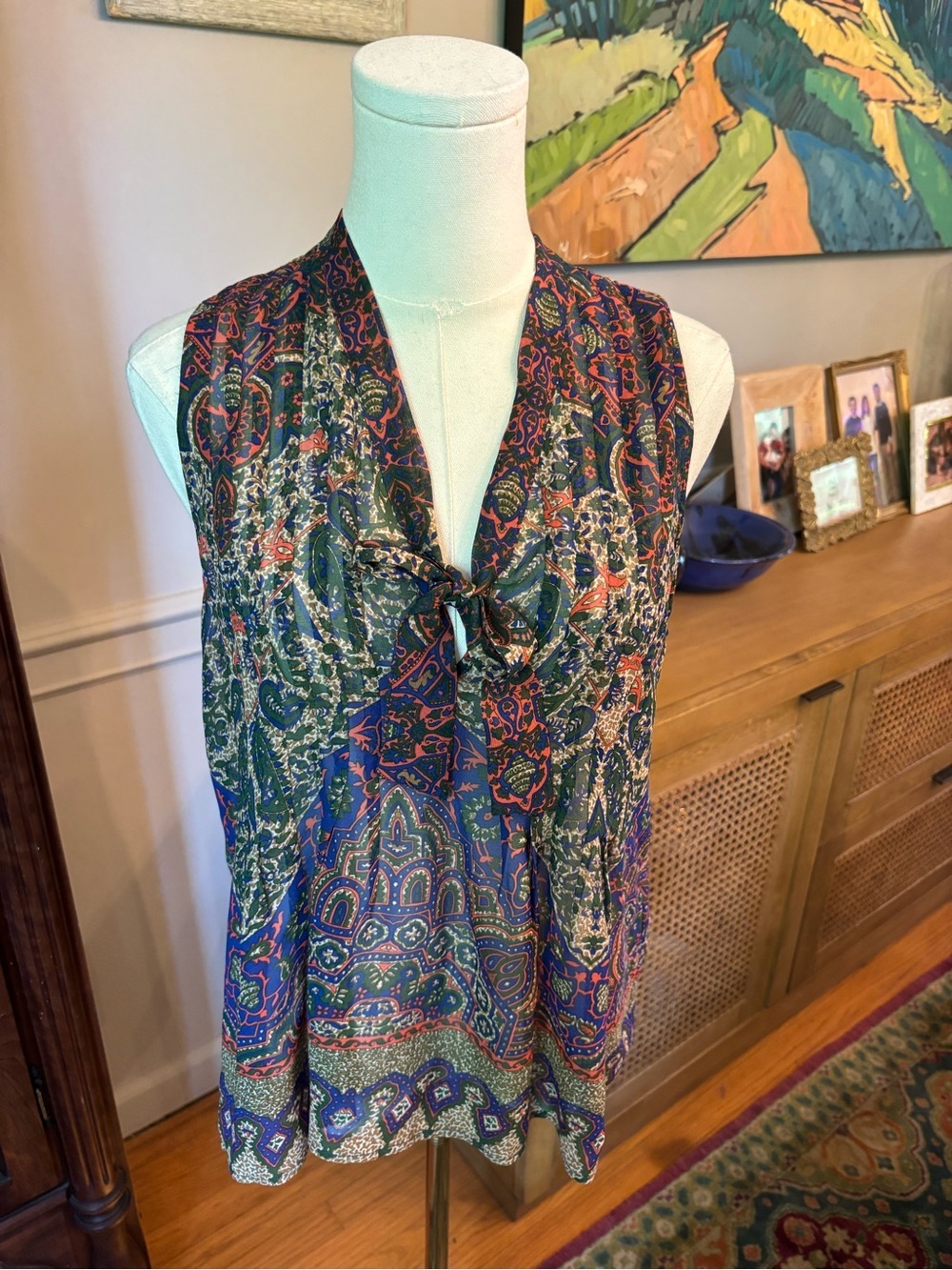 Joie Paisley Tie-Neck Sleeveless Top in Navy and Green